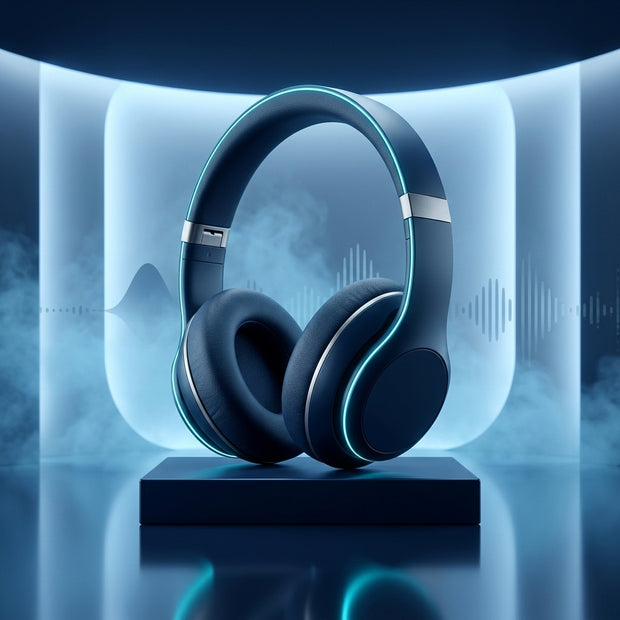 Dark blue wireless over-ear headphones with cyan LED accent lighting on a black pedestal