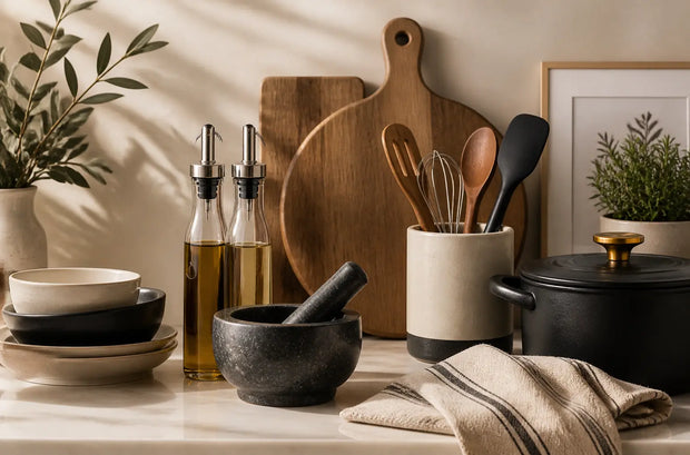 Modern kitchen accessories with oil bottles, wooden utensils, mortar and pestle, cookware and cutting boards.