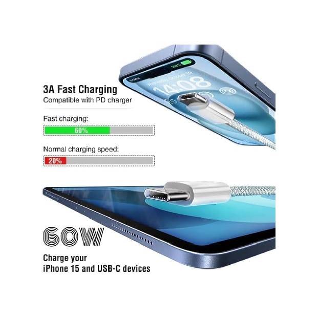 كابل شحن سريع أصلي من USB-C إلى USB-C بقوة 60 واط، متوافق مع سلسلة iPhone 15/16، وSamsung Galaxy، وGoogle Pixel، وجميع أجهزة USB-C - كابل شاحن من النوع C للهواتف والأجهزة اللوحية - Amal Estore