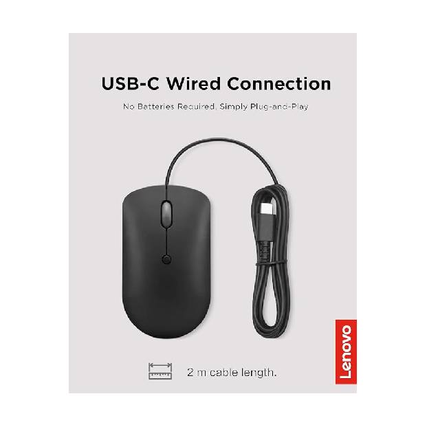 Lenovo 400 USB-C Wired Compact Mouse, 4 Button USB Mouse for Laptops and Computers, Adjustable 2400 DPI, Left or Right Hand, GY51D20875, Black