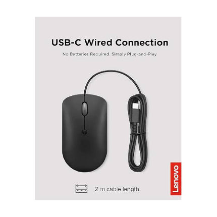 ماوس لينوفو 400 USB-C سلكي مدمج، ماوس USB بأربعة أزرار لأجهزة الكمبيوتر المحمولة والكمبيوتر، قابل للتعديل بدقة 2400 نقطة في البوصة، لليد اليسرى أو اليمنى، GY51D20875، أسود