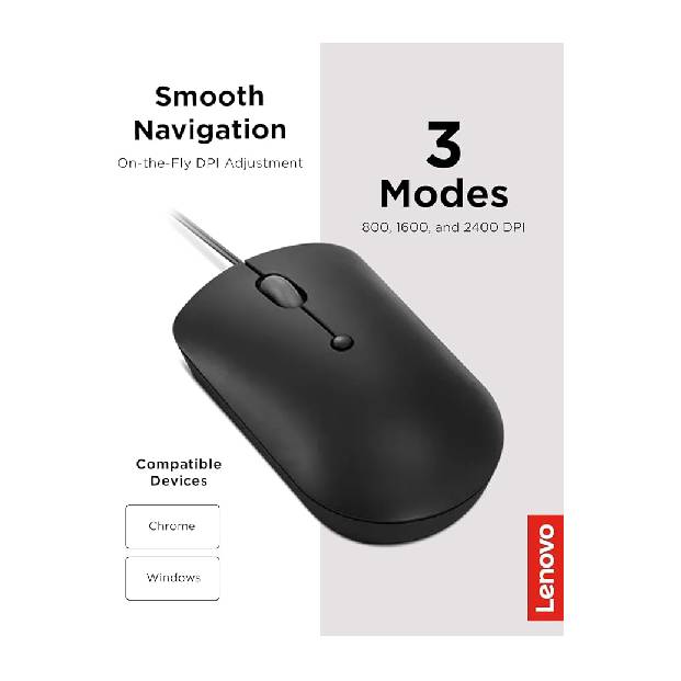 Lenovo 400 USB-C Wired Compact Mouse, 4 Button USB Mouse for Laptops and Computers, Adjustable 2400 DPI, Left or Right Hand, GY51D20875, Black