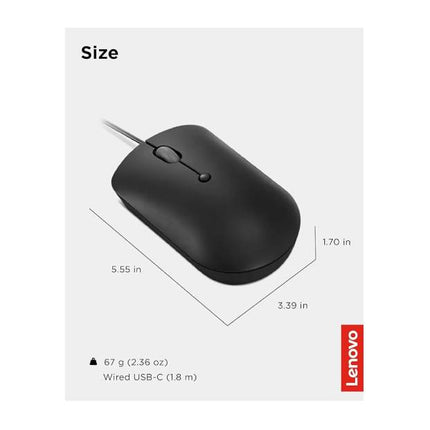 ماوس لينوفو 400 USB-C سلكي مدمج، ماوس USB بأربعة أزرار لأجهزة الكمبيوتر المحمولة والكمبيوتر، قابل للتعديل بدقة 2400 نقطة في البوصة، لليد اليسرى أو اليمنى، GY51D20875، أسود