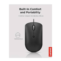 Lenovo 400 USB-C Wired Compact Mouse, 4 Button USB Mouse for Laptops and Computers, Adjustable 2400 DPI, Left or Right Hand, GY51D20875, Black