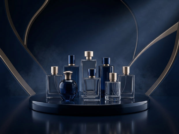 Collection of luxury clear glass and deep blue perfume bottles displayed on a circular podium with dark studio lighting