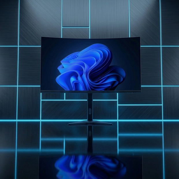 Large curved computer monitor with a blue abstract wallpaper on a stand against a illuminated grid background