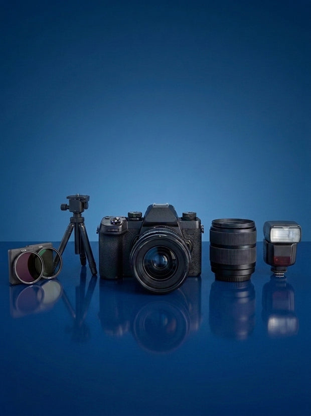 Professional DSLR camera gear collection with a mini tripod, filters, spare lens, and external flash on a blue background