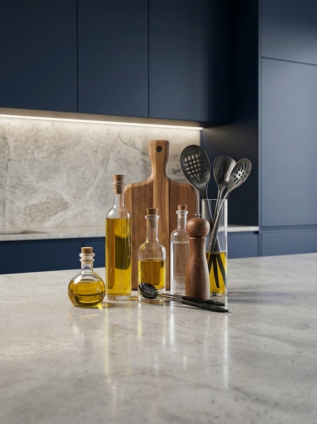 Modern kitchen accessories collection with olive oil glass bottles, a wooden cutting board, pepper mill, and stainless steel utensils