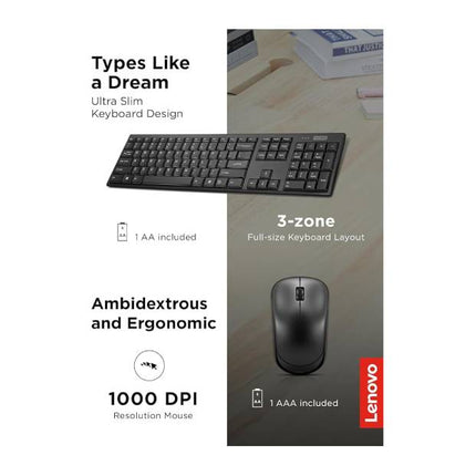 مجموعة لوحة المفاتيح والماوس اللاسلكية Lenovo 100 - مجموعة لاسلكية بمفاتيح هادئة مقاومة للانسكاب - لوحة مفاتيح ثلاثية المناطق - ماوس مناسب للاستخدام بكلتا اليدين - تصميم صغير الحجم - USB لاسلكي - أسود