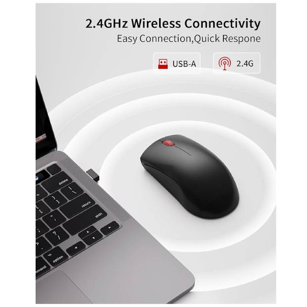 Lenovo Wireless Mouse (WL150) – Ergonomic, 2.4G, 1,000 DPI, 3M clicks, compact, black, USB-A, compatible with laptops and PCs.